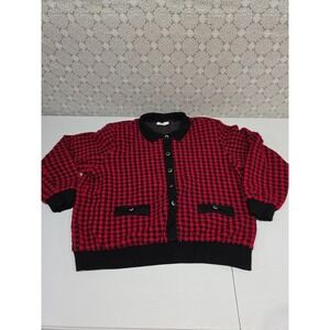 Alfred Dunner Houndstooth Button Front Cardigan Sweater Womens XL Red Black